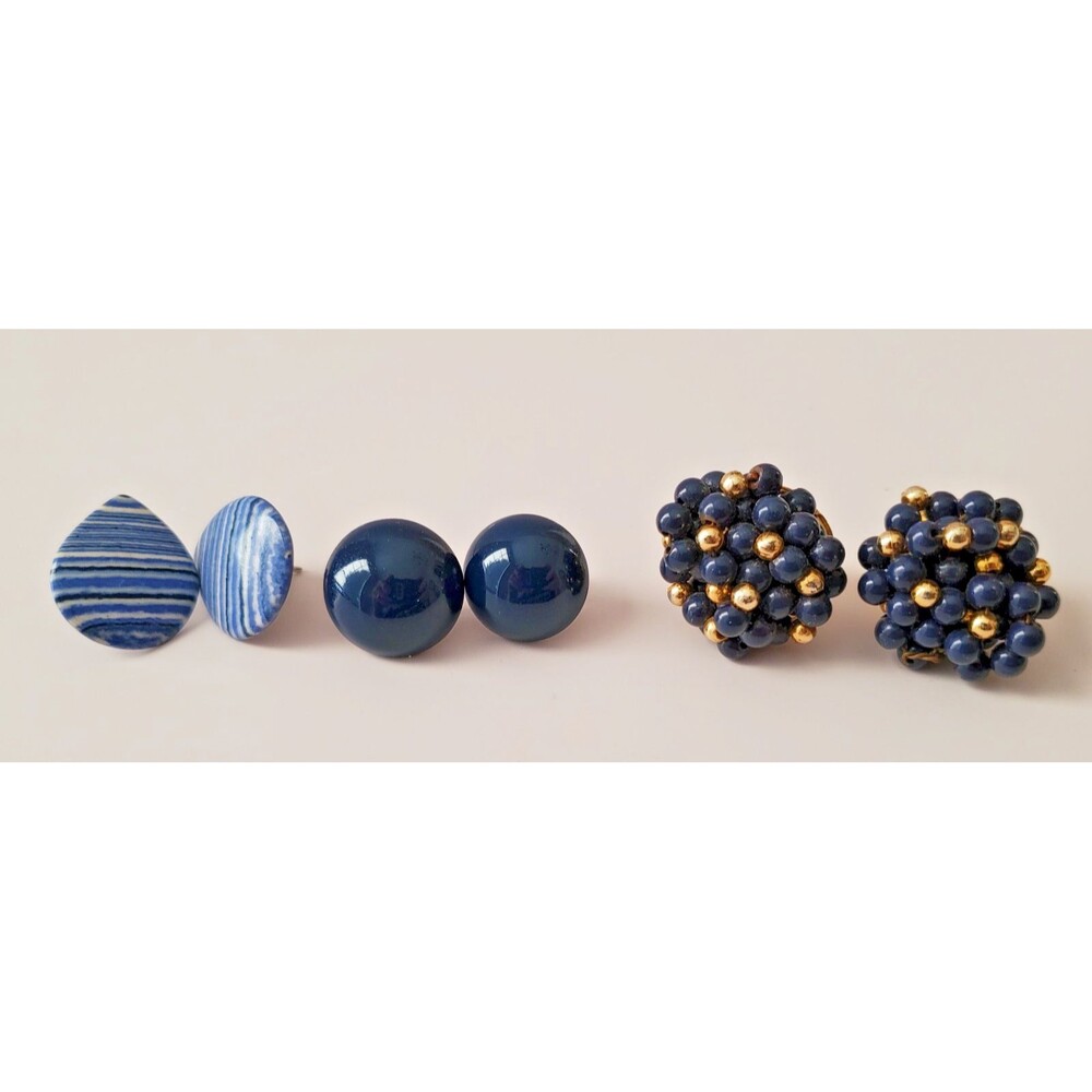 Vintage Blue Earrings Lot 3 Pairs Studs Beaded Acrylic Goldtone Silvertone 90s